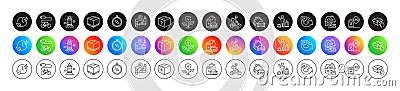 Delivery bike, Eco power and Charging time line icons. For web app, printing. Round icon buttons. Vector Stock Photo