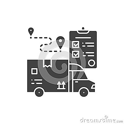 Delivery black glyph icon. Freight transport and checklist sign. Express shipping. Worldwide logistics. Sign for web page, app. UI Vector Illustration