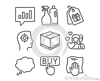 Delivery box, Couple and Comic message icons. Recruitment, Analytical chat and Buying signs. Vector Illustration