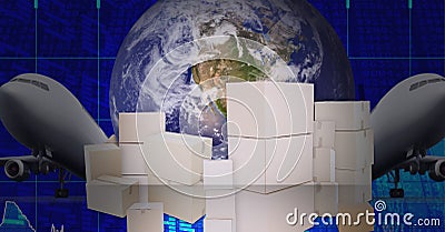 Delivery boxes and airplanes over globe against stock market data processing Stock Photo