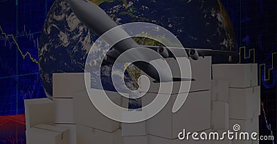 Delivery boxes and airplanes over globe against stock market data processing Stock Photo