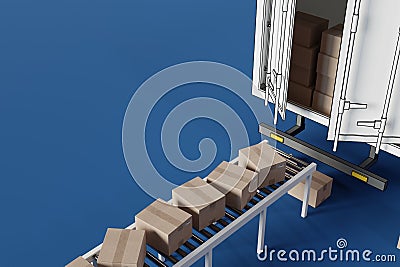Delivery boxes move on a conveyor belt for logistics distribution, 3d rendering Stock Photo