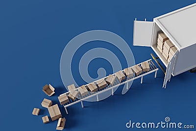 Delivery boxes move on a conveyor belt for logistics distribution, 3d rendering Stock Photo