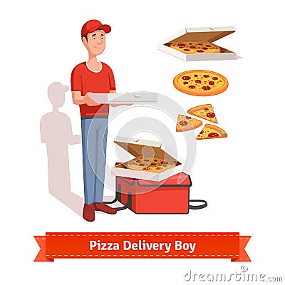 Delivery boy holding pizza cardboard box Vector Illustration