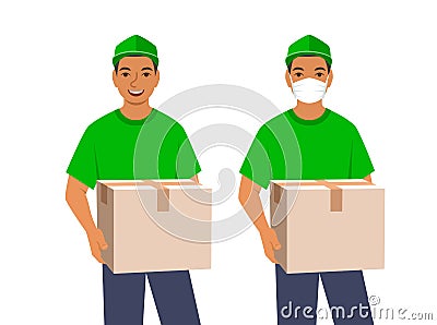 Delivery boy holds in hands postal parcel box Vector Illustration