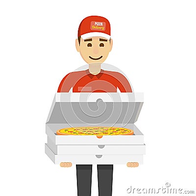 Delivery boy with pizza. Funny character man isolated on white. Vector Illustration