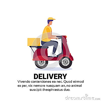 Delivery boy ride scooter box concept fast free transport motorcycle isolated copy space flat Vector Illustration