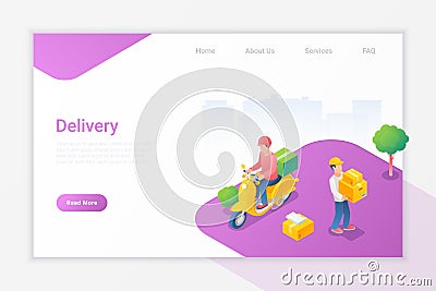 Delivery Boy on Scooter Bike and Man carrying the Boxes Isometric Flat Vector Illustration design concept Vector Illustration