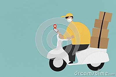 Delivery boy on a scooter with parcel boxes checking customer`s location on his phone Stock Photo