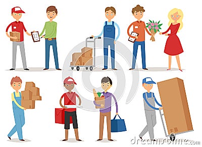 Delivery boy service workers couriers delivering man characters shop mailmen bringing packages holding boxes documents Vector Illustration