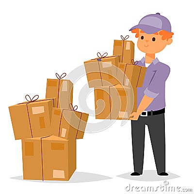 Delivery man boy vector service workers and clients couriers delivering man characters shop mailmen bringing packages Vector Illustration