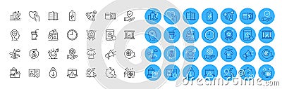 Delivery, Brain working and Time line icons pack. For web app. Color icon buttons. Vector Stock Photo