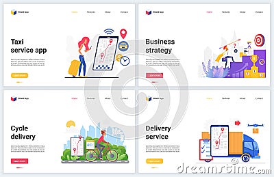 Delivery business services vector illustrations banner set with successful business strategy for shipping company, taxi Vector Illustration