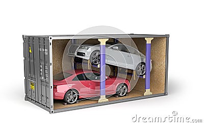 Delivery of cars from auctions Cars loaded into a shipping container 3d render image Stock Photo