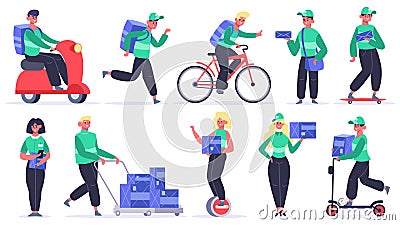 Delivery characters. Courier, postal workers, service boy with parcels and packages. Male and female delivery service Vector Illustration