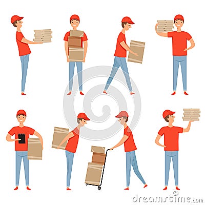 Delivery characters. Pizza food packages loader service man working in warehouse with cartoon boxes. Vector delivery Vector Illustration