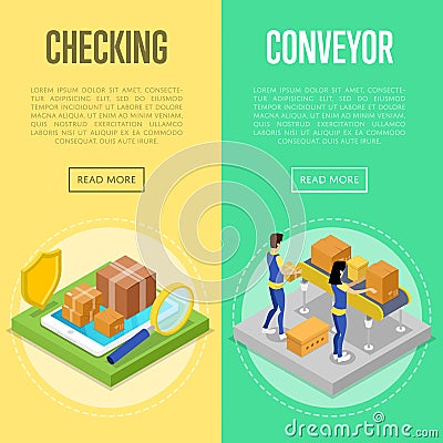 Delivery checking and warehouse conveyor set Vector Illustration