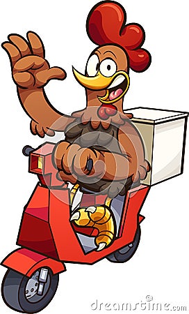 Cartoon chicken driving a delivery scooter Vector Illustration