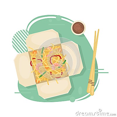 Delivery of Chinese food in boxes to your home. Asian food in boxes. Fried noodles with shrimp and vegetables. Flat lay Vector Illustration