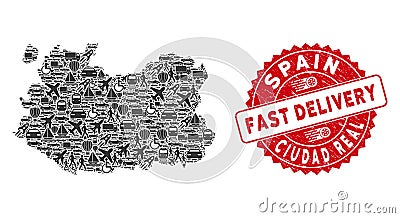 Delivery Collage Ciudad Real Province Map with Distress Fast Delivery Stamp Vector Illustration