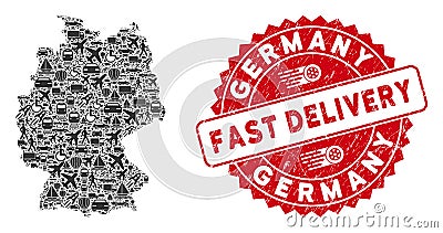 Delivery Collage Germany Map with Scratched Fast Delivery Stamp Seal Vector Illustration