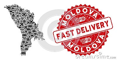 Delivery Collage Moldova Map with Grunge Fast Delivery Seal Vector Illustration
