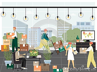 Delivery company office, flat vector illustration. Manager, loader, courier with parcel, box. Cargo shipment, logistics. Vector Illustration