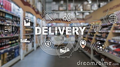 Delivery Concept On Blurred stores and warehouses. Stock Photo