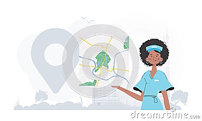 Delivery concept. The girl is holding a map. The trendy character is shown to the waist. Vector. Vector Illustration