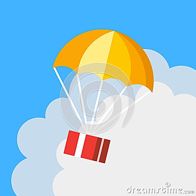 Delivery concept, parachute icon. Gift box flying in blue sky Vector Illustration