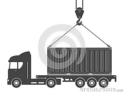 Delivery of containers by trucks. Vector illustration of loading containers onto a truck using a crane hook. Vector Illustration