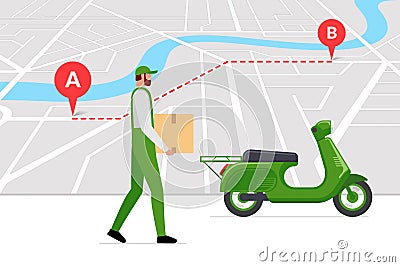 Delivery courier brought cargo goods package box on moped following navigation route on city map with GPS location pins Vector Illustration