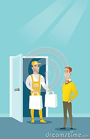 Delivery courier delivering groceries to customer. Vector Illustration