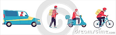 Delivery courier. Man driving car, scooter and bicycle. Worker wear protective mask. Postman moving around city on foot Vector Illustration