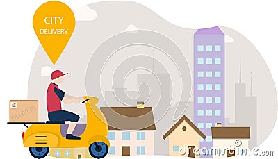 Delivery courier on moto bike. City delivery pointer with citycsape view. Package delivering on scooter by courier. Yellow moto Vector Illustration