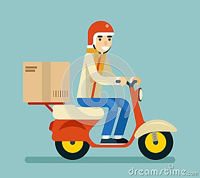 Delivery Courier Motorcycle Scooter Box Symbol Icon Concept Isolated on Green Background Flat Design Vector Illustration Vector Illustration