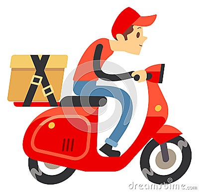 Delivery courier riding scooter. Fast shipping service Vector Illustration