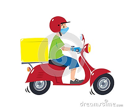 Delivery courier on scooter in protective mask and gloves Cartoon Illustration