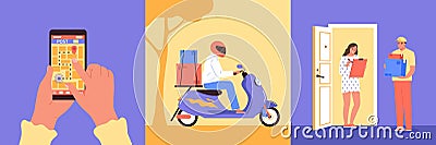 Delivery design concept set courier takes the parcel to recipient searches delivery route on navigator on smartphone customer Vector Illustration