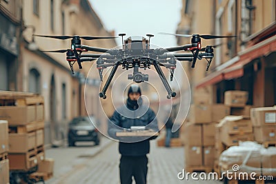 Delivery dron in the city, new technology concept Stock Photo