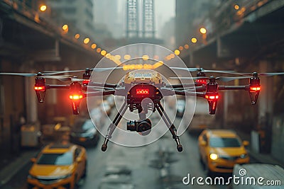 Delivery dron in the city, new technology concept Stock Photo