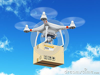 Delivery drone with cardboard box in the blue sky Cartoon Illustration