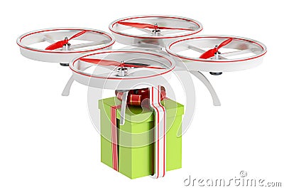 Delivery drone with a gift box, 3D rendering Stock Photo