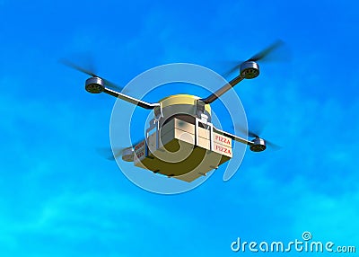 Delivery drone with pizza box on blue sky Cartoon Illustration