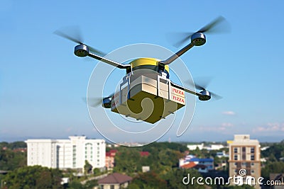 Delivery drone with pizza box flying over the town Cartoon Illustration