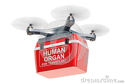 Delivery drone with portable fridge for transporting donor organs, 3D Stock Photo