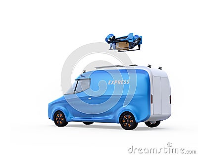 Delivery drone takeoff from two-tone electric powered delivery van on white background Stock Photo