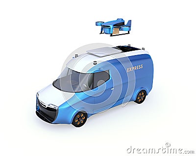 Delivery drone takeoff from two-tone electric powered delivery van on white background Stock Photo