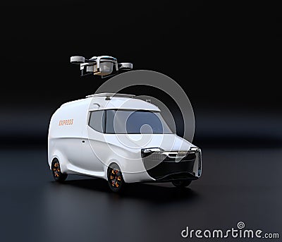 Delivery drone takeoff from white electric powered delivery van on black background Stock Photo