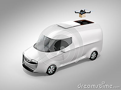 Delivery drone takeoff from white electric delivery van on gray background Stock Photo